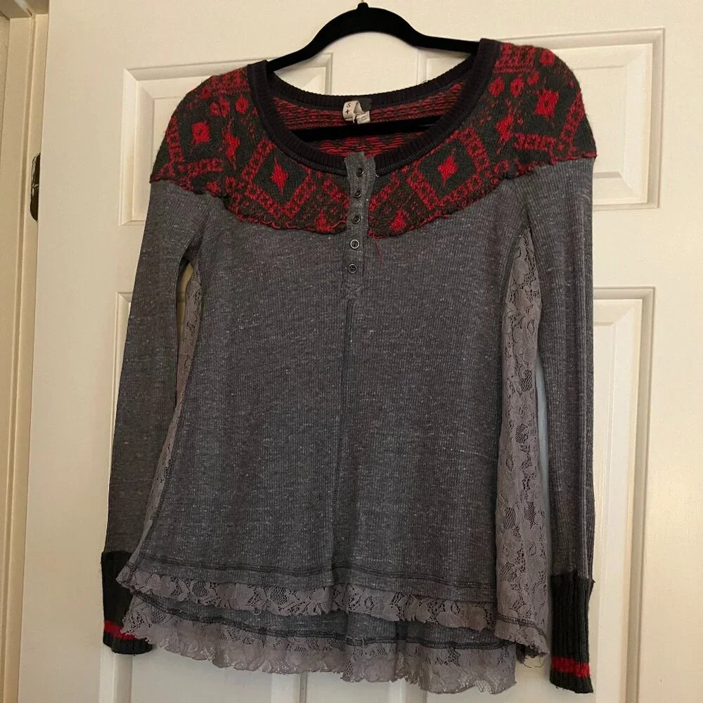 Free People gray half button long sleeve top S
